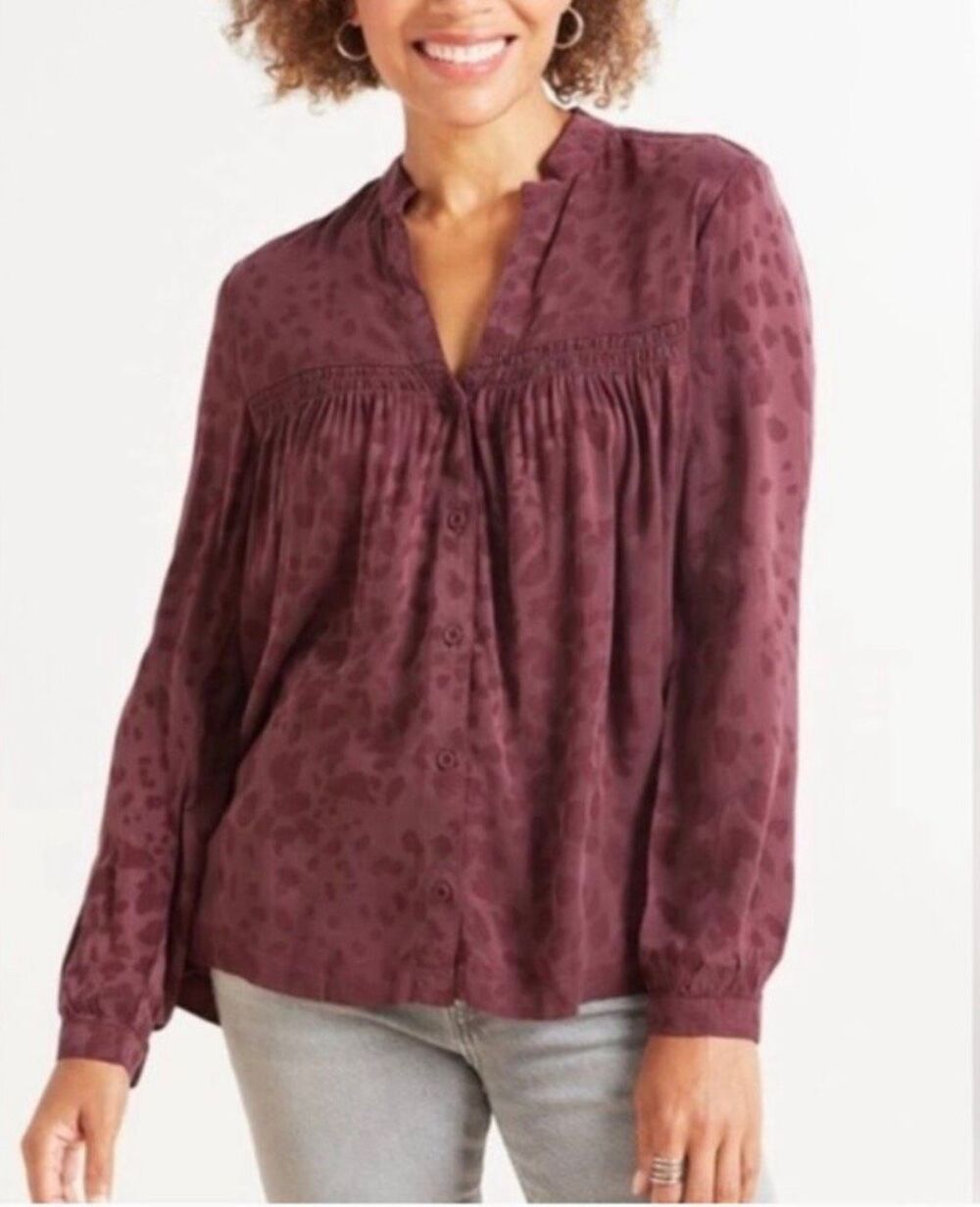Evereve Cloth & Stone Velvet Textured Leopard Print Blouse Size M
